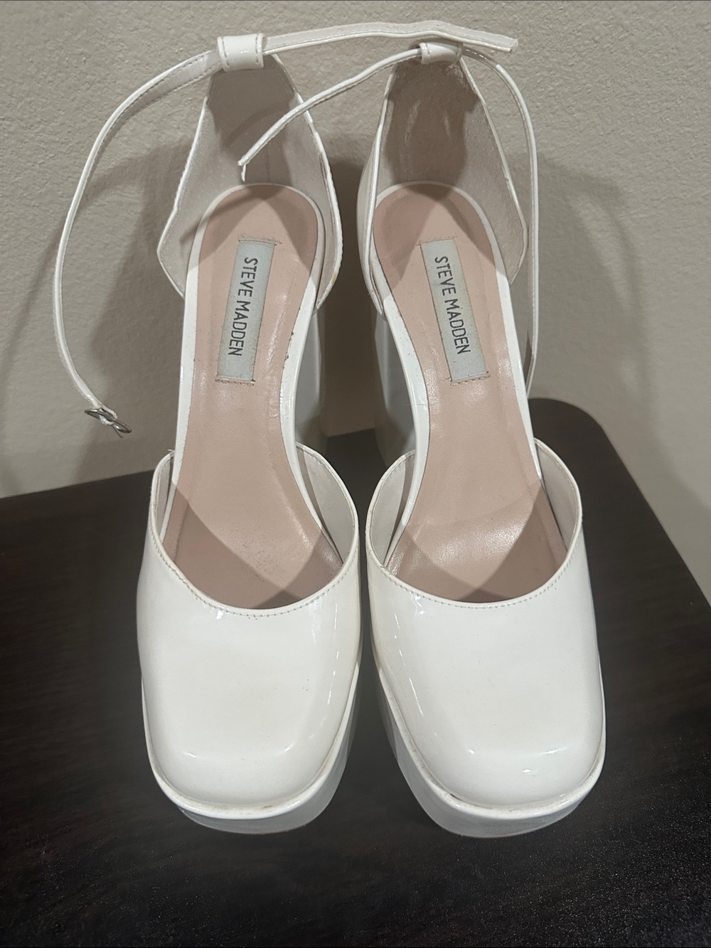 Steve Madden White Patent Ankle-Strap Platform Pumps